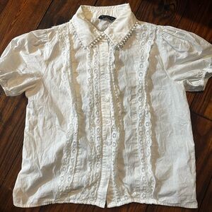 Simple White Cotton Blouse with Ruffle Details, Size Small.